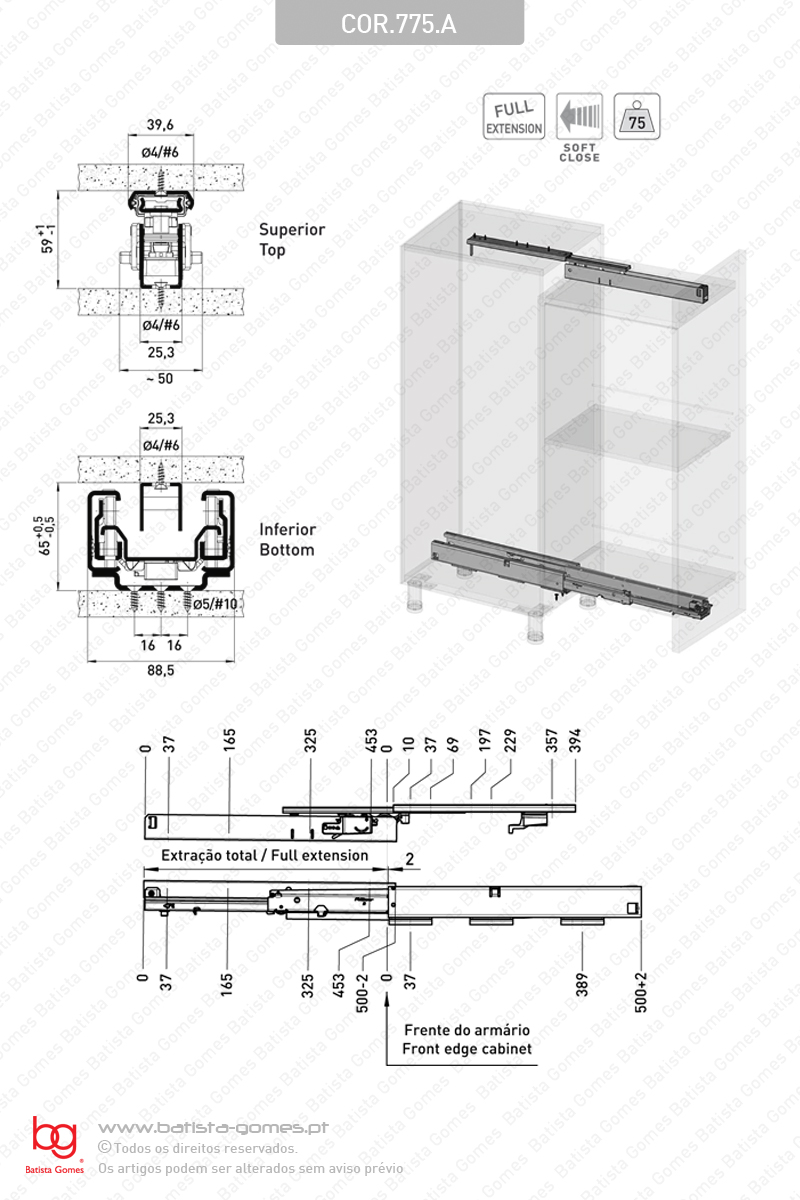 Sistema de corredi�as progressivas para arm�rios altos / Extra��o total / 75Kg (par)